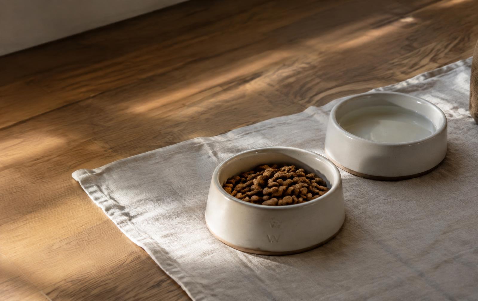 Ceramic dog food bowl and water bowl on a linen cloth