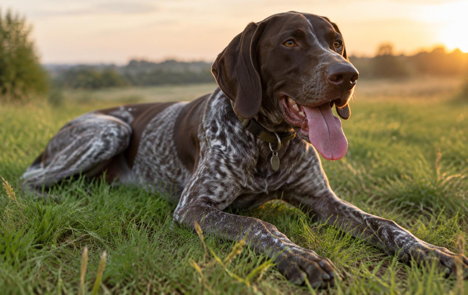 German Shorthaired Pointer lying on grass, panting after a run